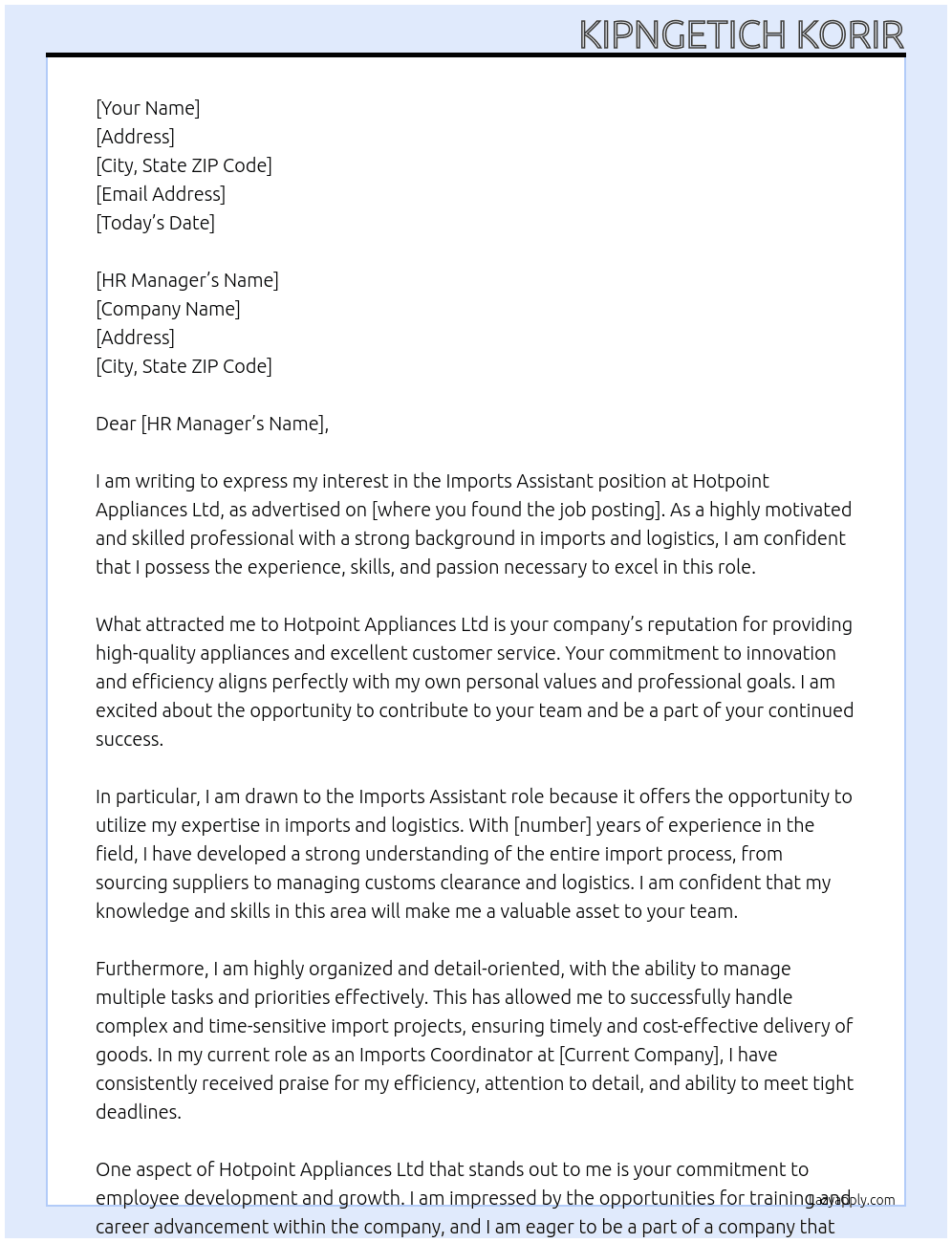 imports assistant At Hotpoint Appliances Ltd Cover Letter