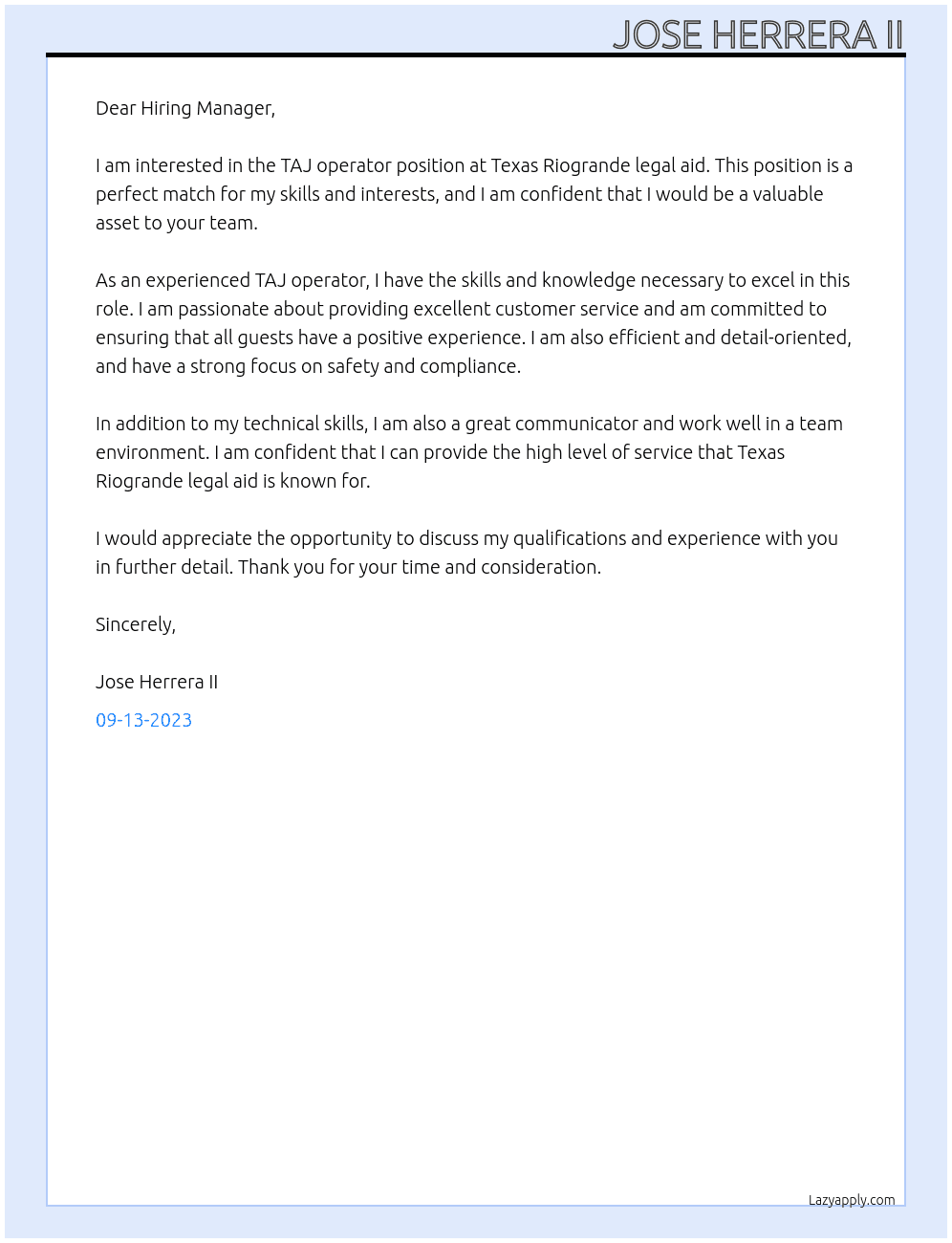 TAJ operator  At Texas Riogrande legal aid  Cover Letter