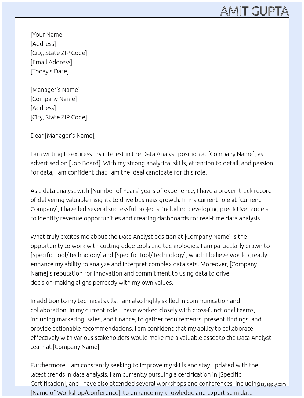 DATA ANALYST At DATA ANALYST Cover Letter