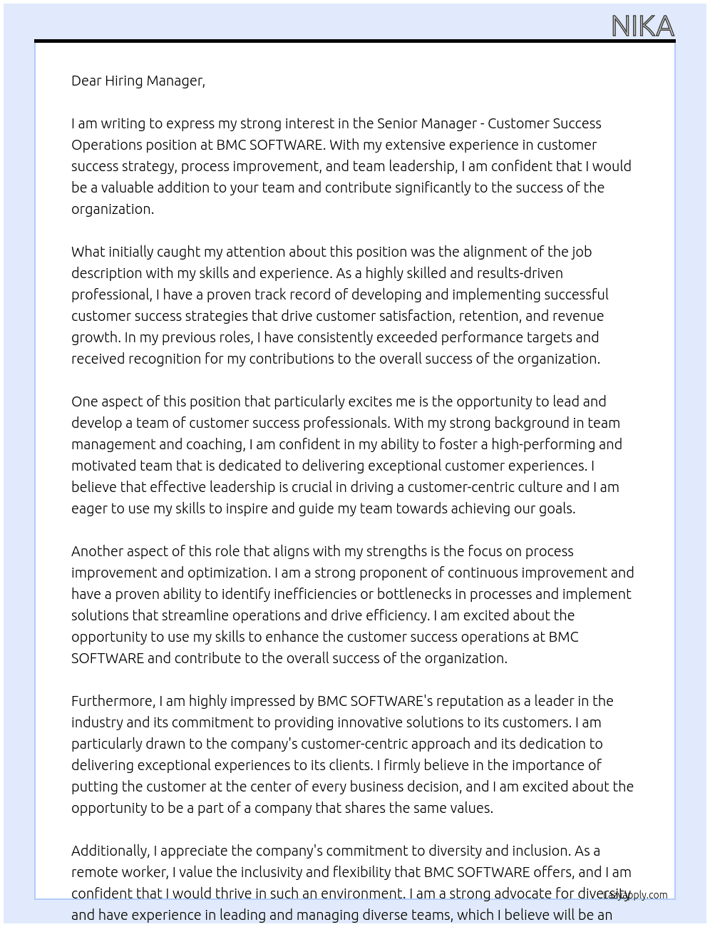 Senior Manager - Customer Sucess Operations At BMC SOFTWARE Cover Letter