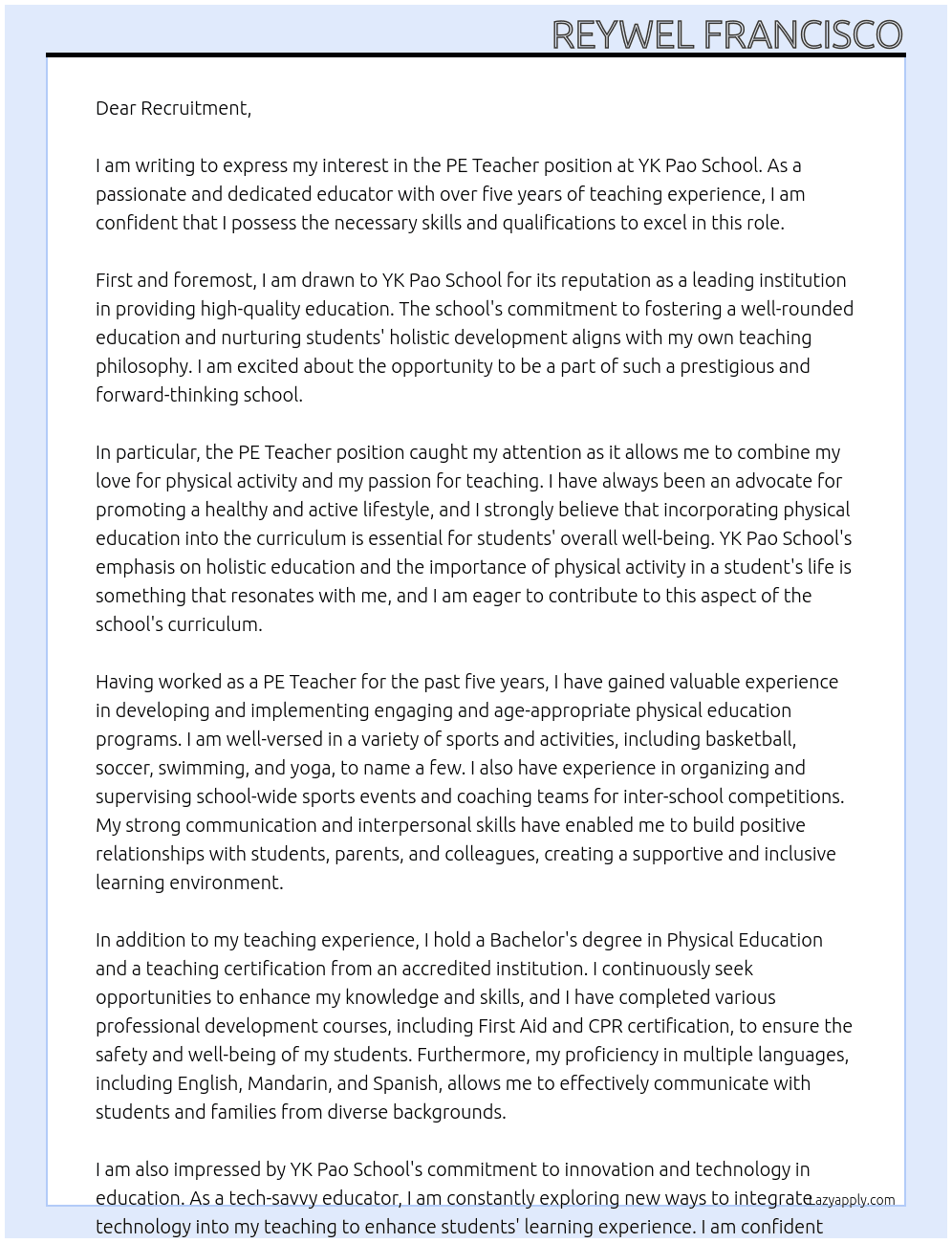 PE Teacher At YK Pao School Cover Letter