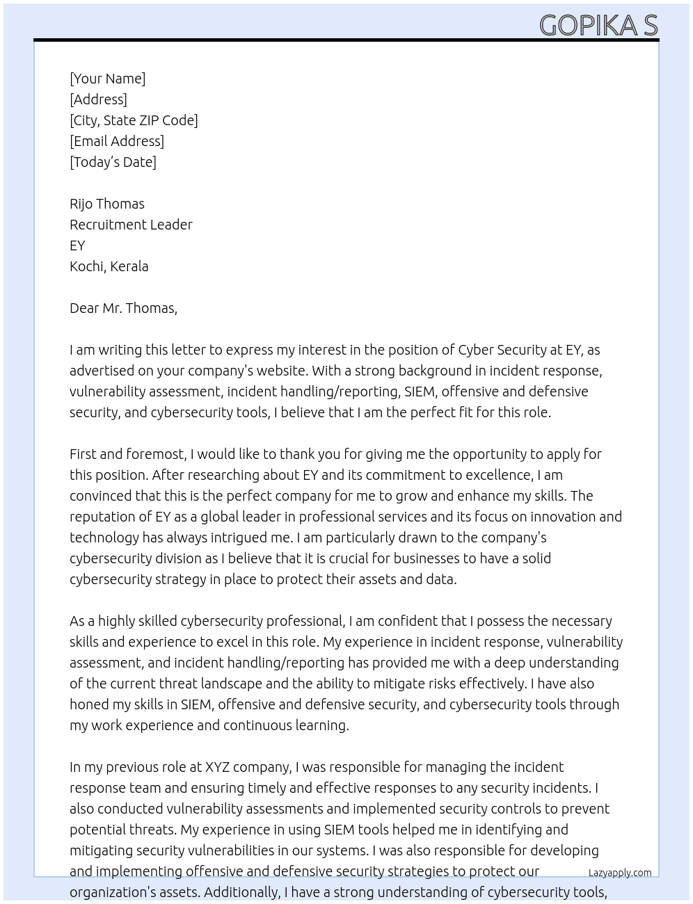 Cyber Security At EY Cover Letter
