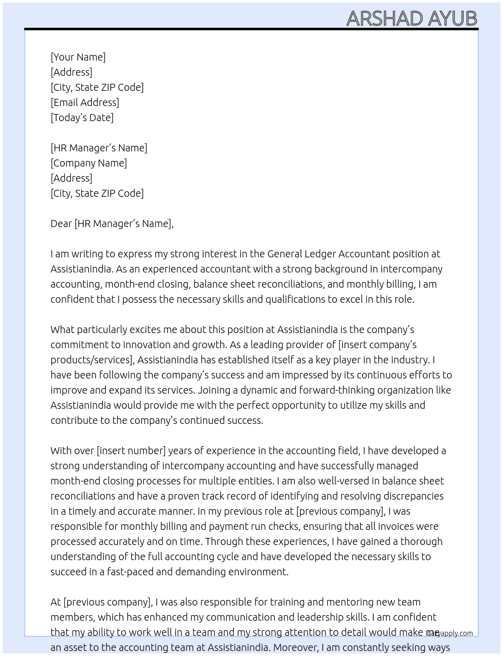 General Ledger Accountant At Assistianindia Cover Letter