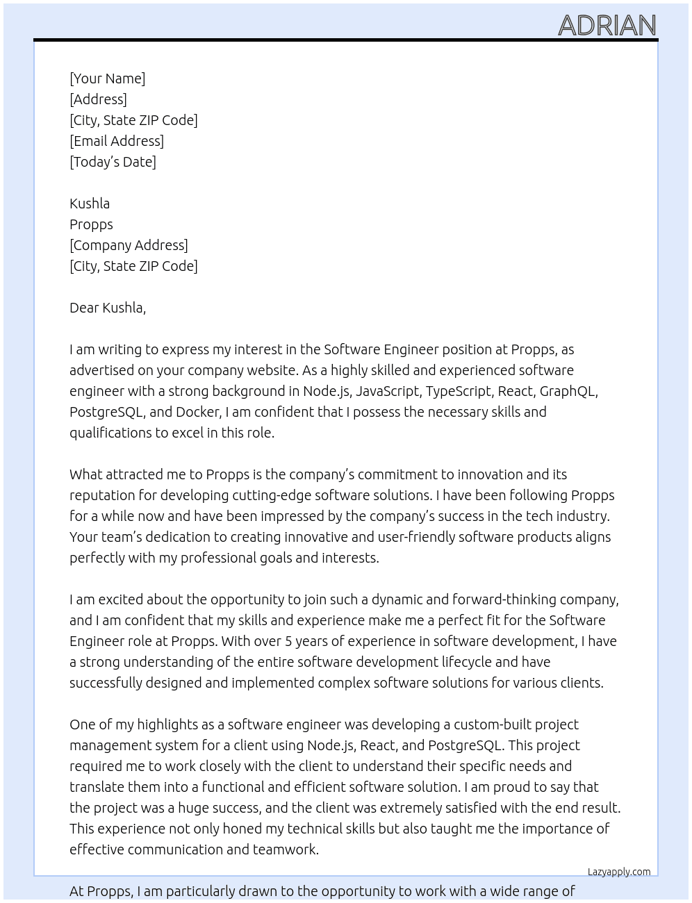 Software Engineer At Propps Cover Letter