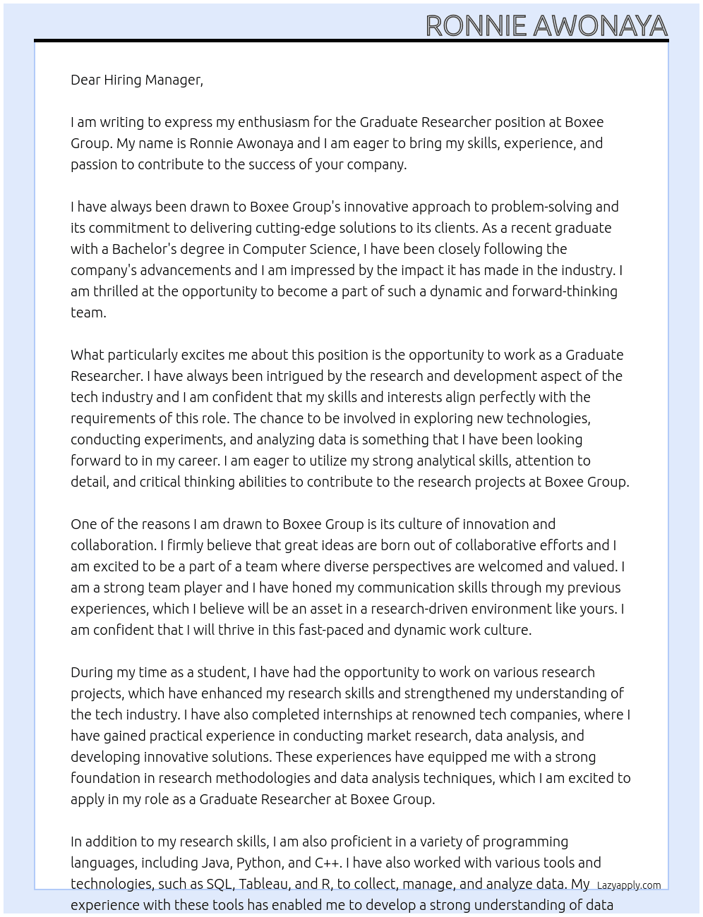 Graduate Researcher At Boxee group  Cover Letter