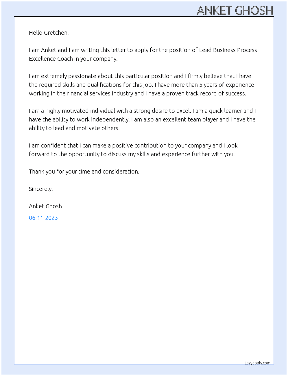 Lead Business Process Excellence Coach At Discover Finance Service Cover Letter