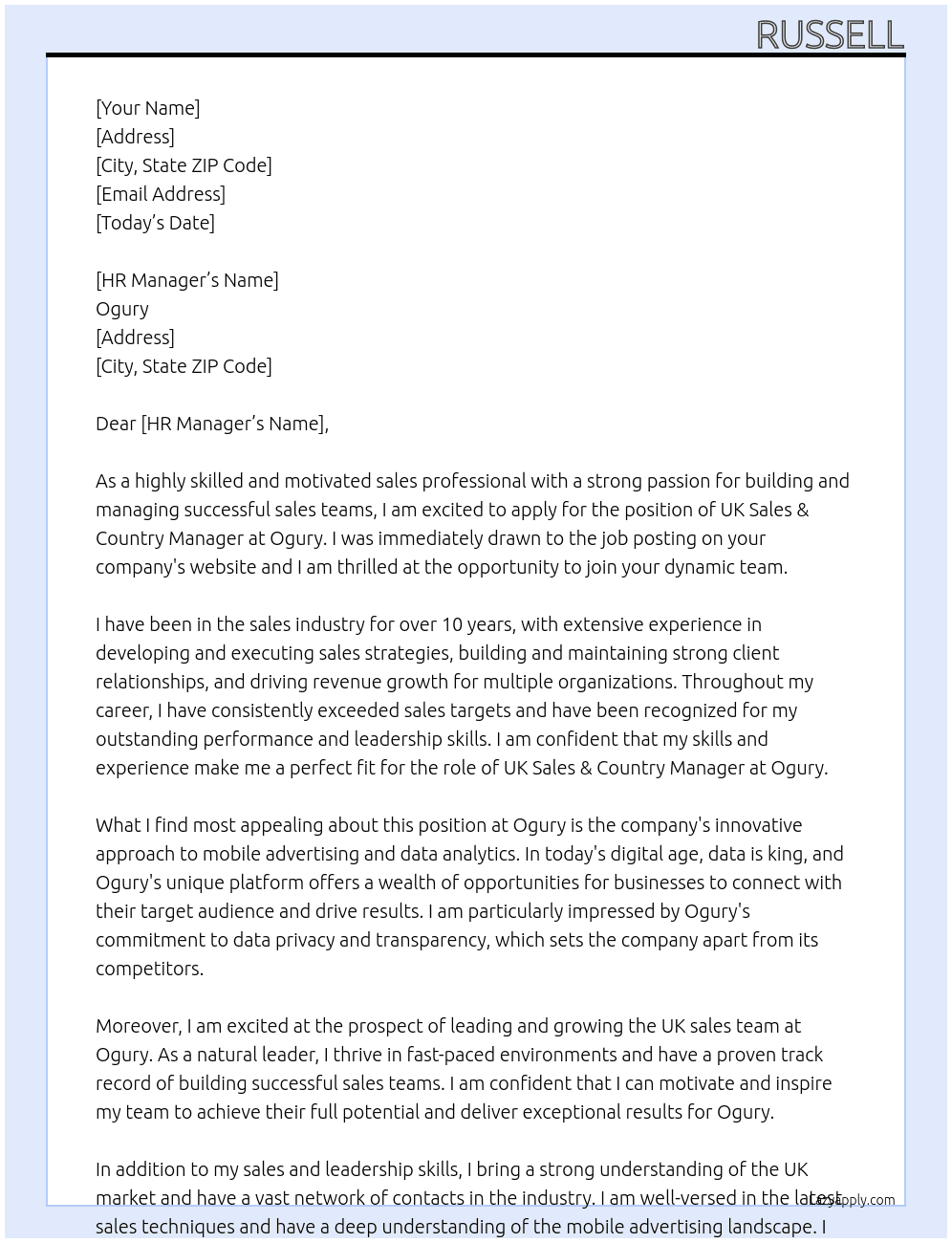 UK Sales & Country Manager At Ogury Cover Letter