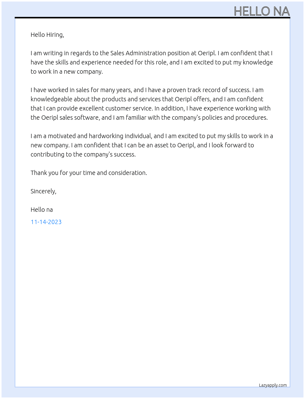 Sales Administration  At Oeripl  Cover Letter