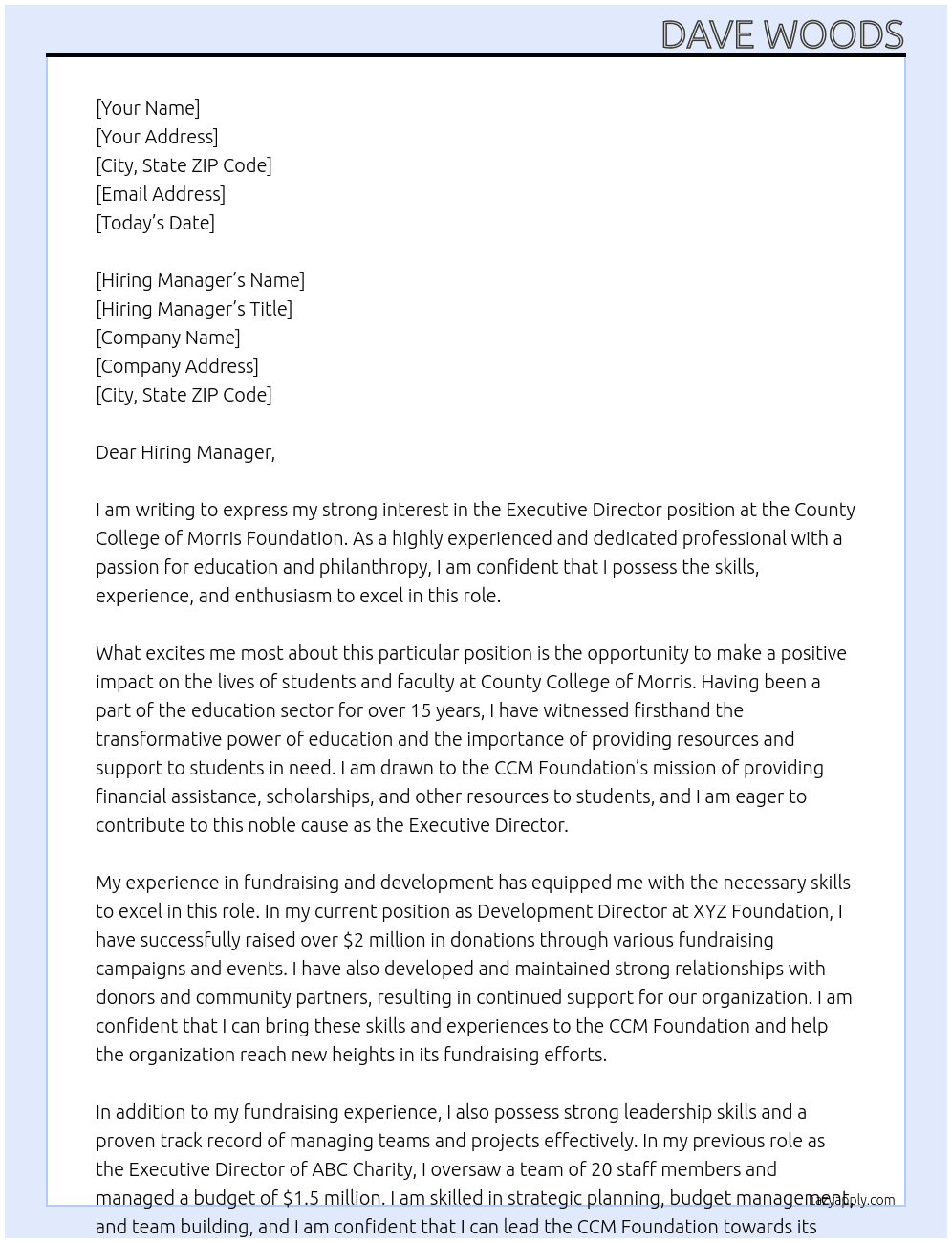 Executive Director, CCM FOundation At County College of Morris Cover Letter