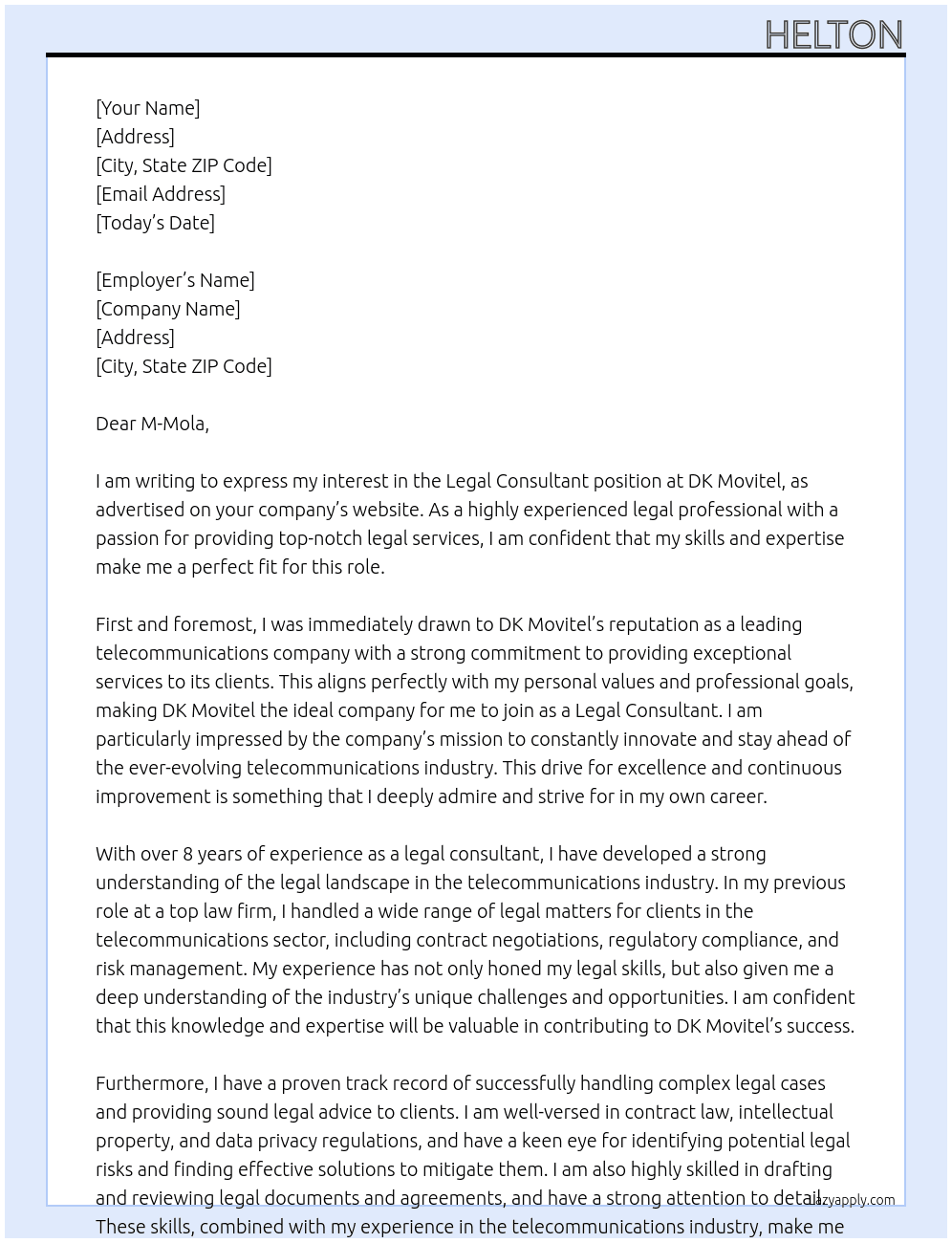 Legal consultant At DK Movitel Cover Letter