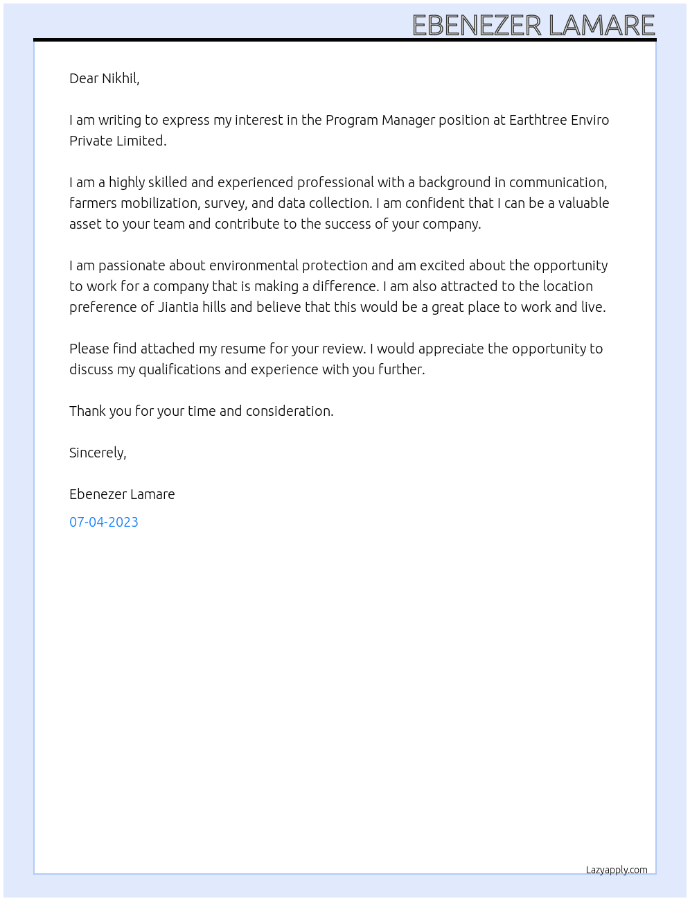 Program manager At Earthtree enviro private limted Cover Letter