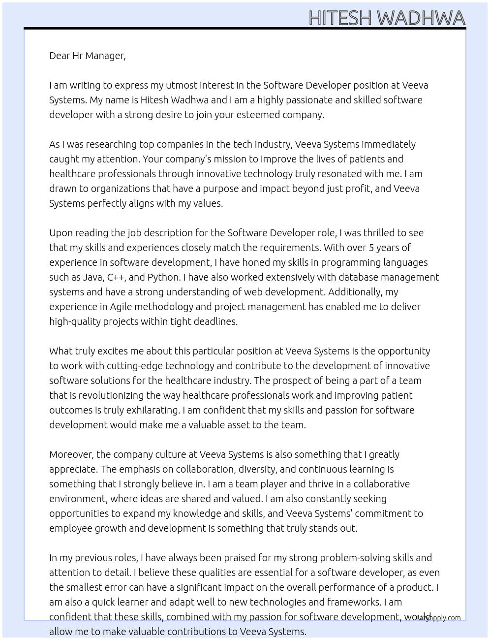 Software Developer At Veeva Systems Cover Letter