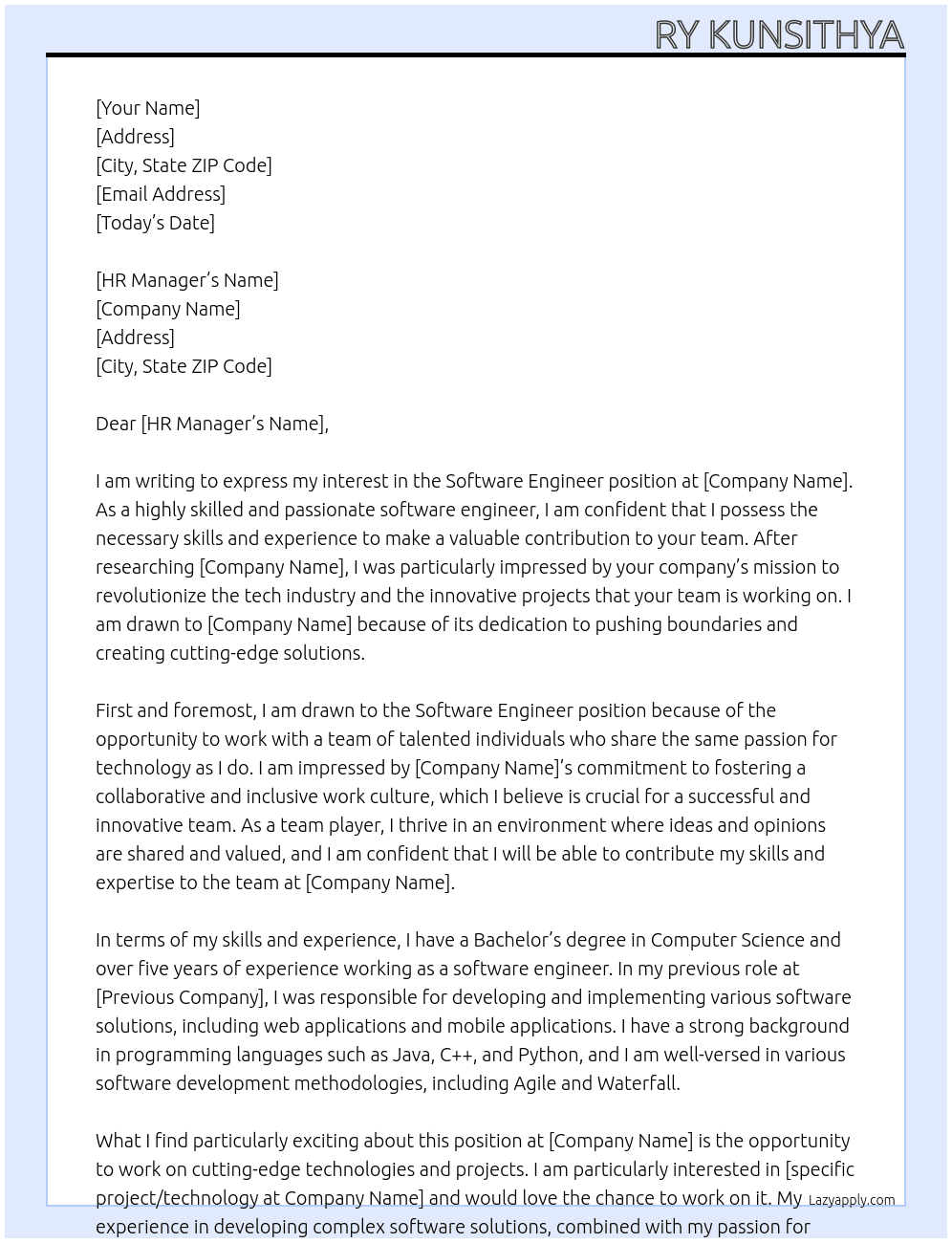 Software Engineer At Tech Cover Letter