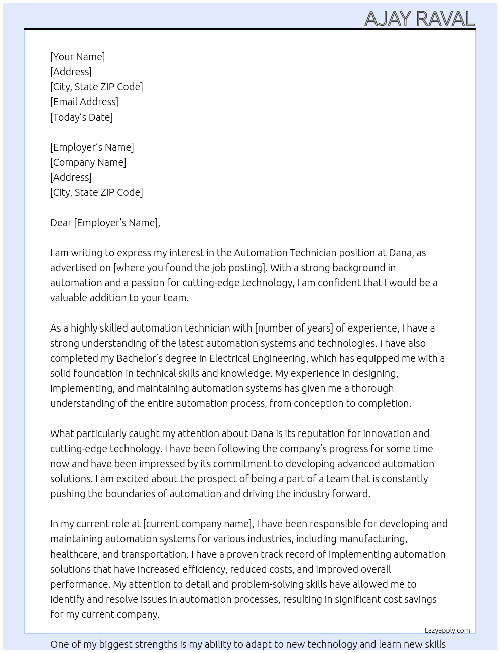 Automation Technician At Dana Cover Letter