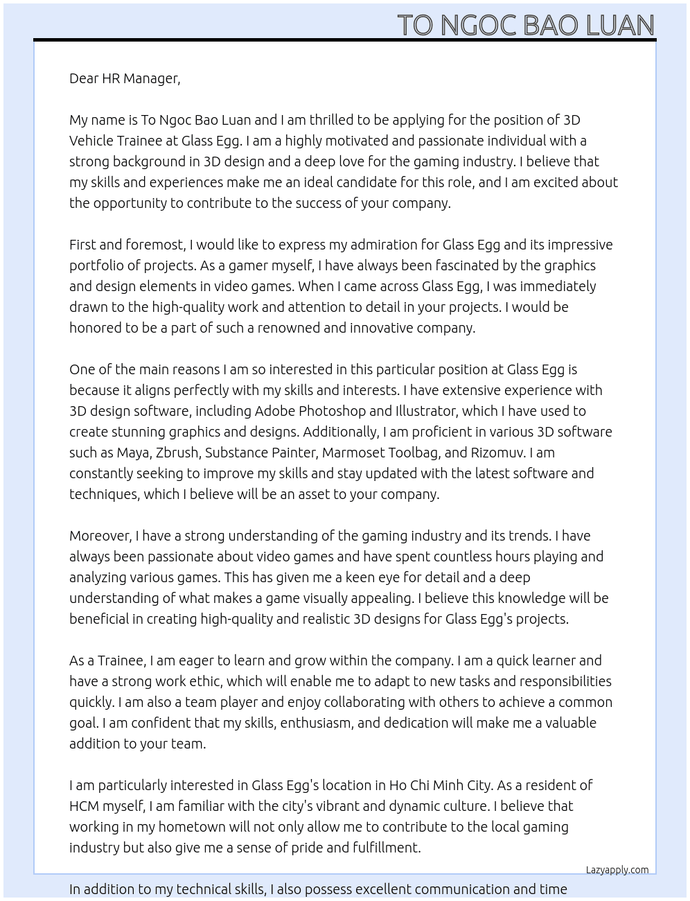 3D Vehicle Trainee At Glass Egg Cover Letter