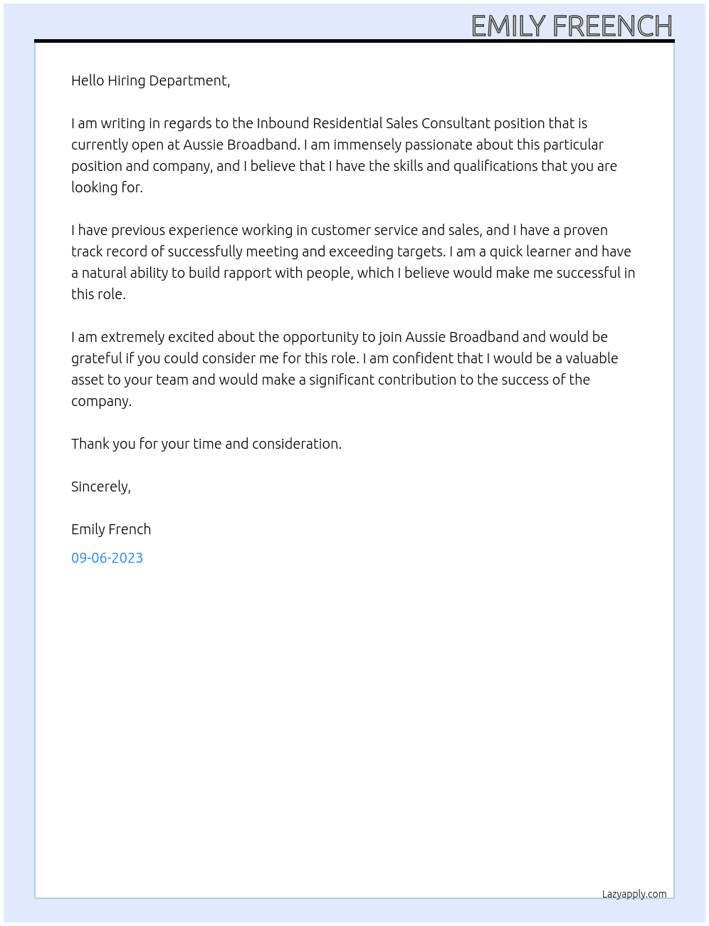 Inbound Residential Sales Consultant At Aussie Broadband  Cover Letter