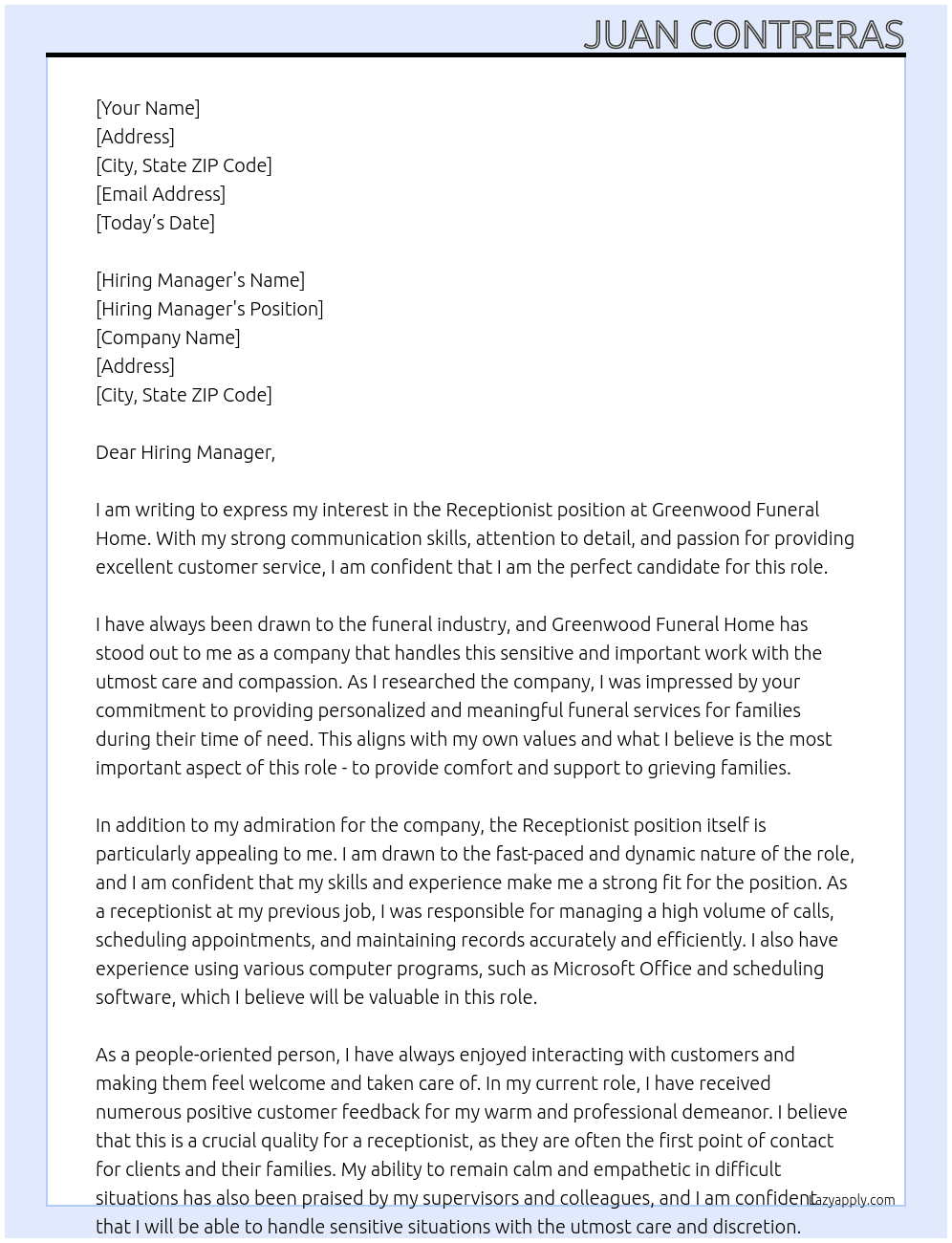 Receptionist At Greenwood Funeral Home Cover Letter
