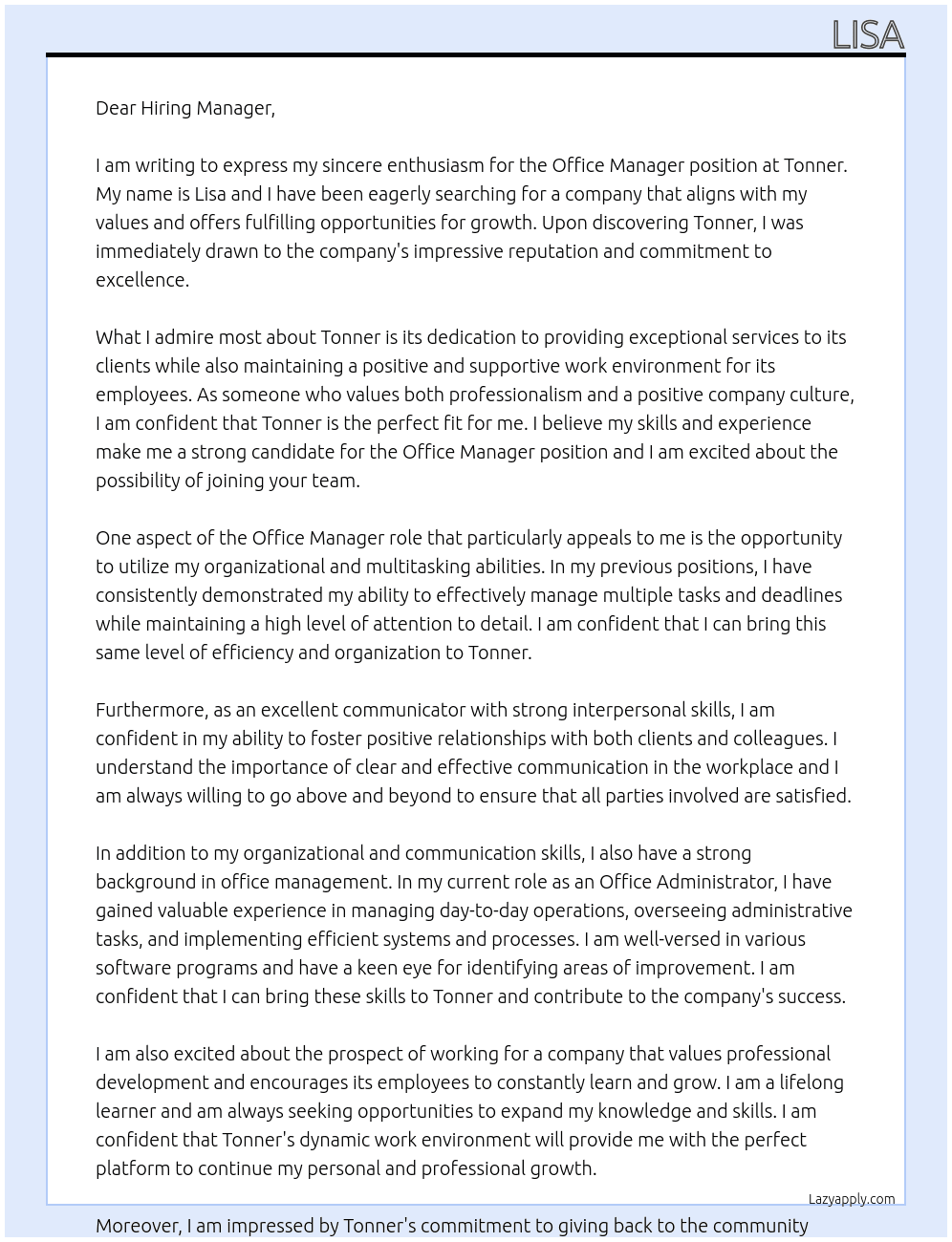 Office Manager At Tonner Cover Letter