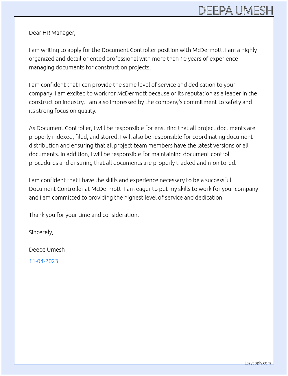 Document Controller At Mcdermott Cover Letter