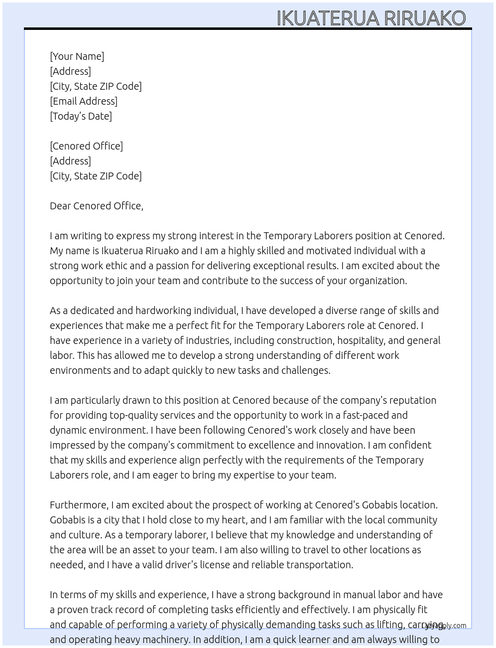 Temporary Laborers  At Cenored Cover Letter