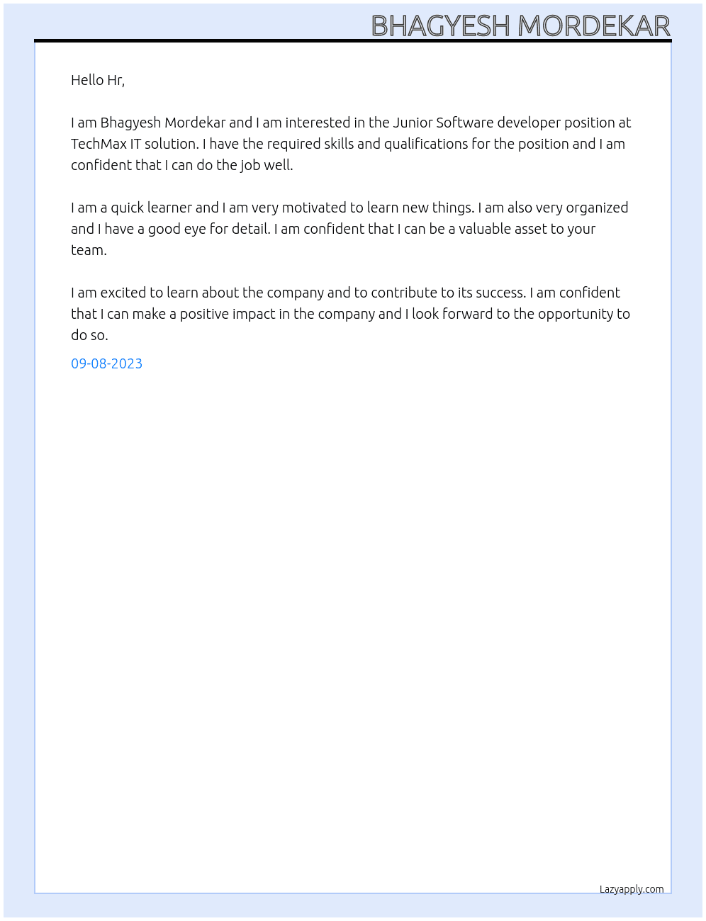 Junior Software developer At TechMax IT solution Cover Letter