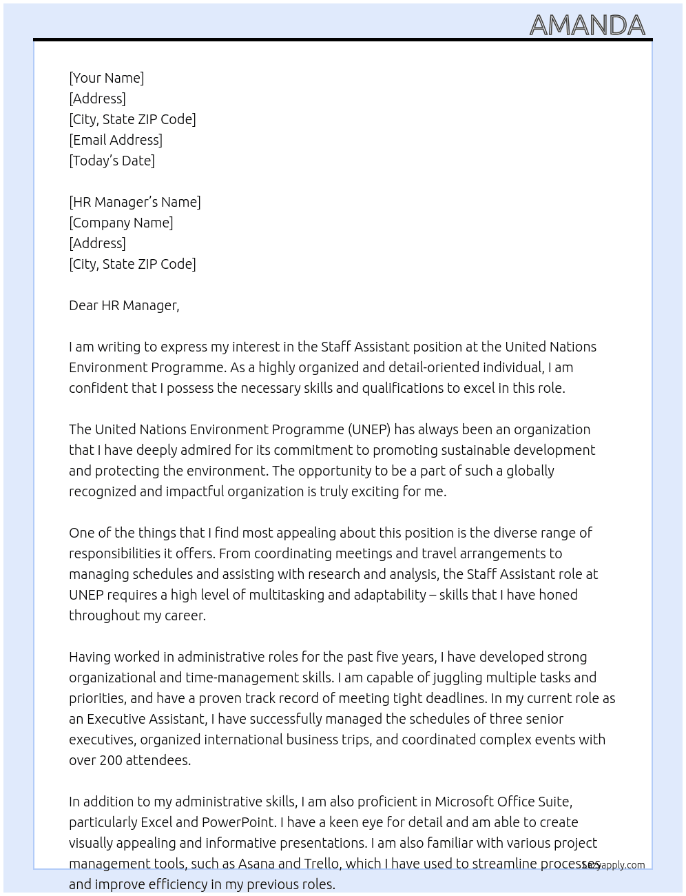staff assistant  At United Nations Environment Programme Cover Letter