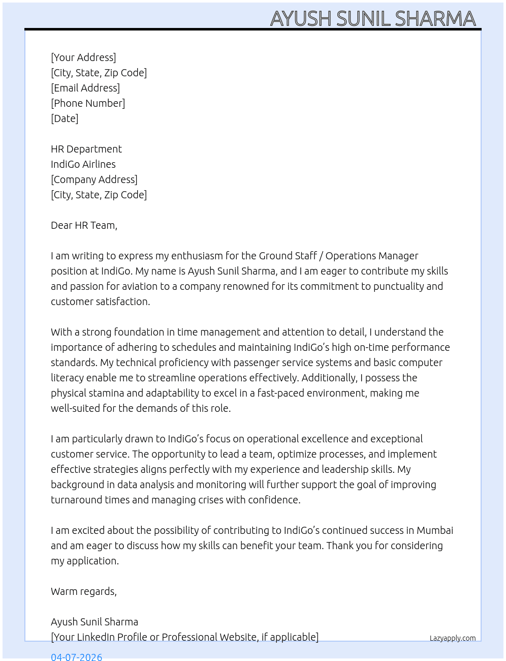 Cover letter for ground staff / operations manager - LazyApply