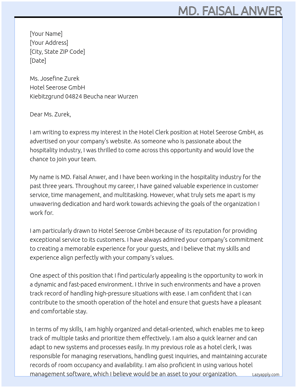 Hotel clerk At Hotel Seerose GmbH Cover Letter