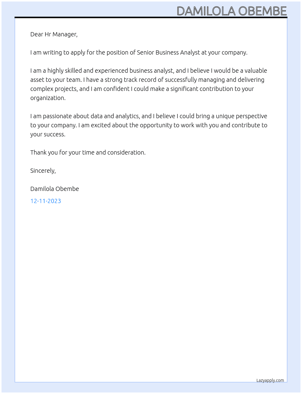 Senior Business Analyst  At Hr Manager Cover Letter
