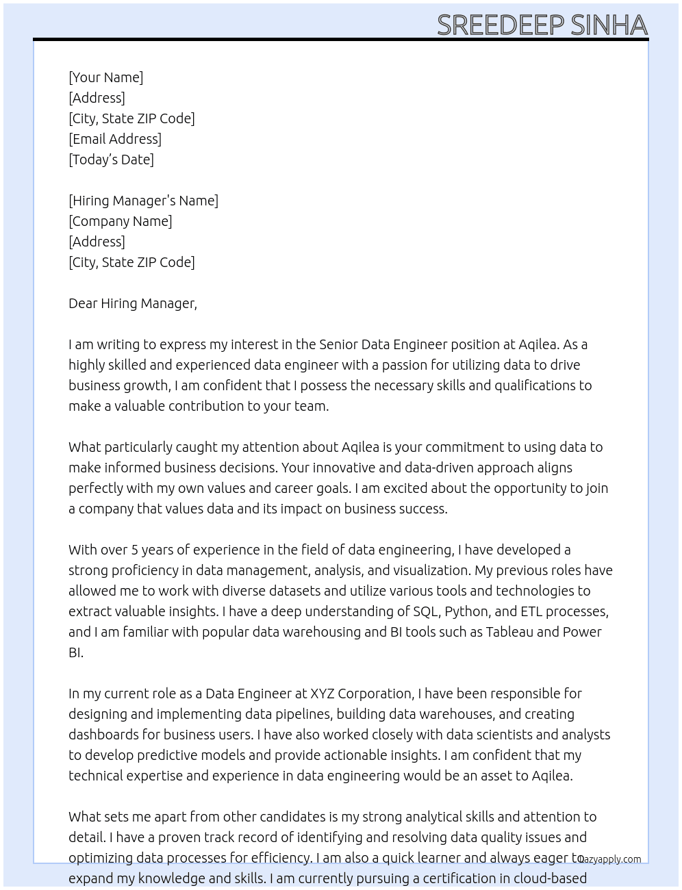 Senior Data Engineer At Aqilea Cover Letter