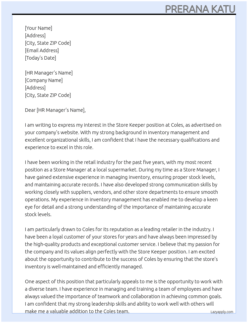 Store keeper At Coles Cover Letter