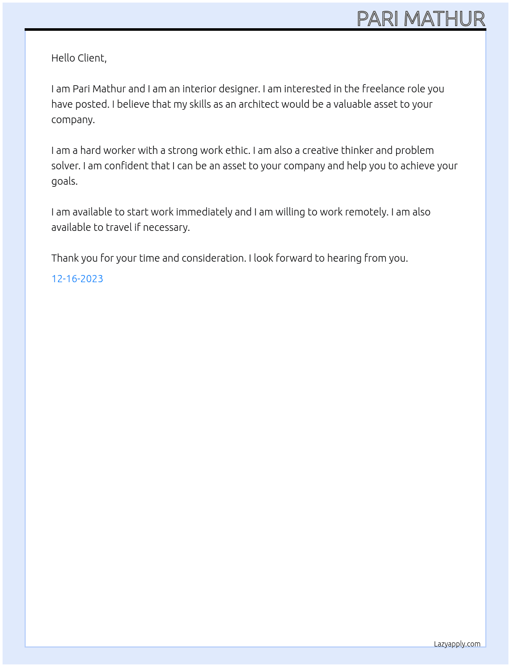 Interior designer At Nail salom Cover Letter