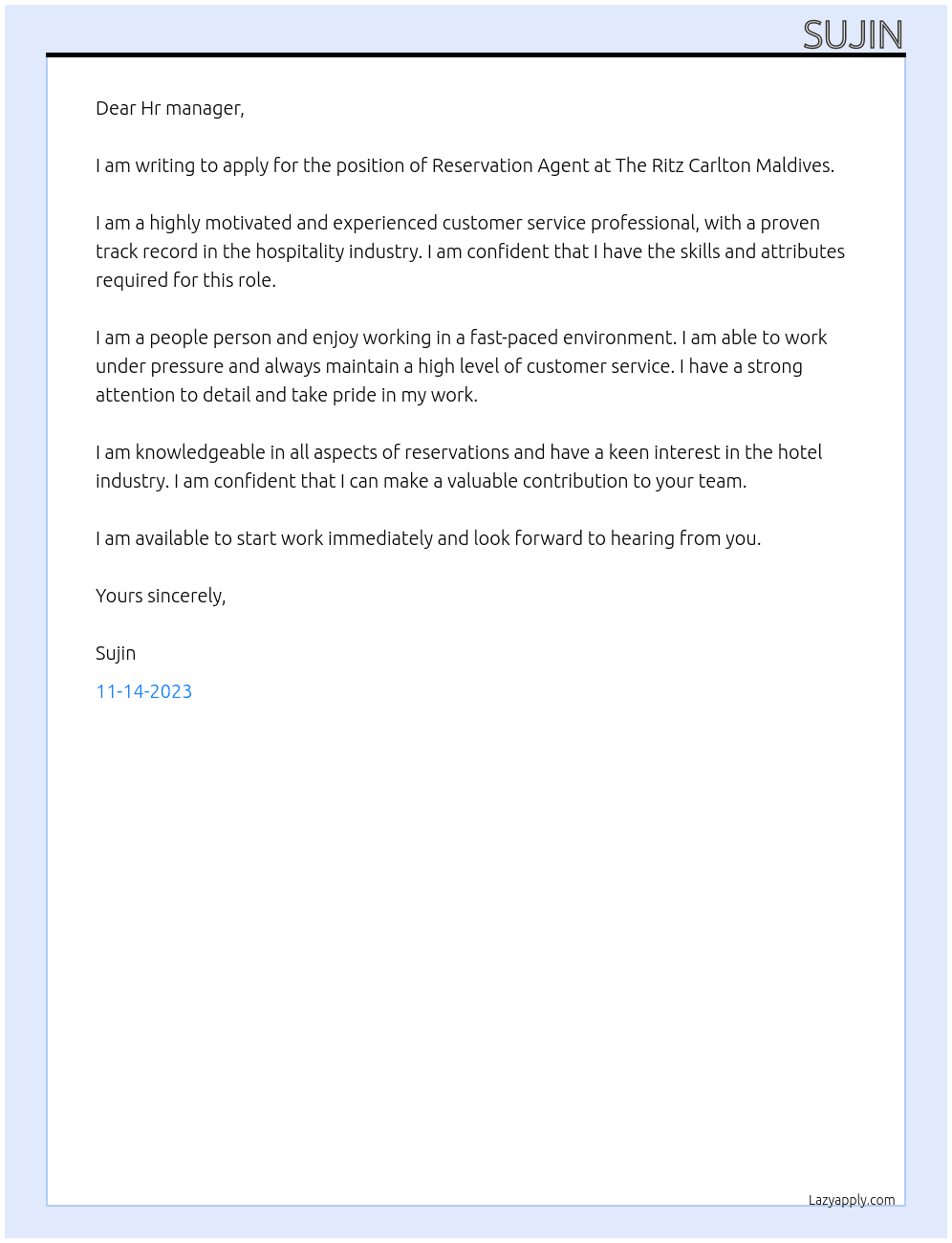 Reservation Agent  At The Ritz Carlton Maldives  Cover Letter