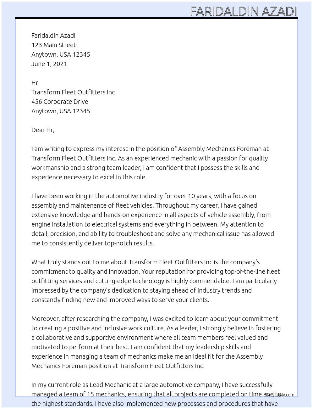 assembly mechanics foreman At Transform Fleet Outfitters Inc Cover Letter