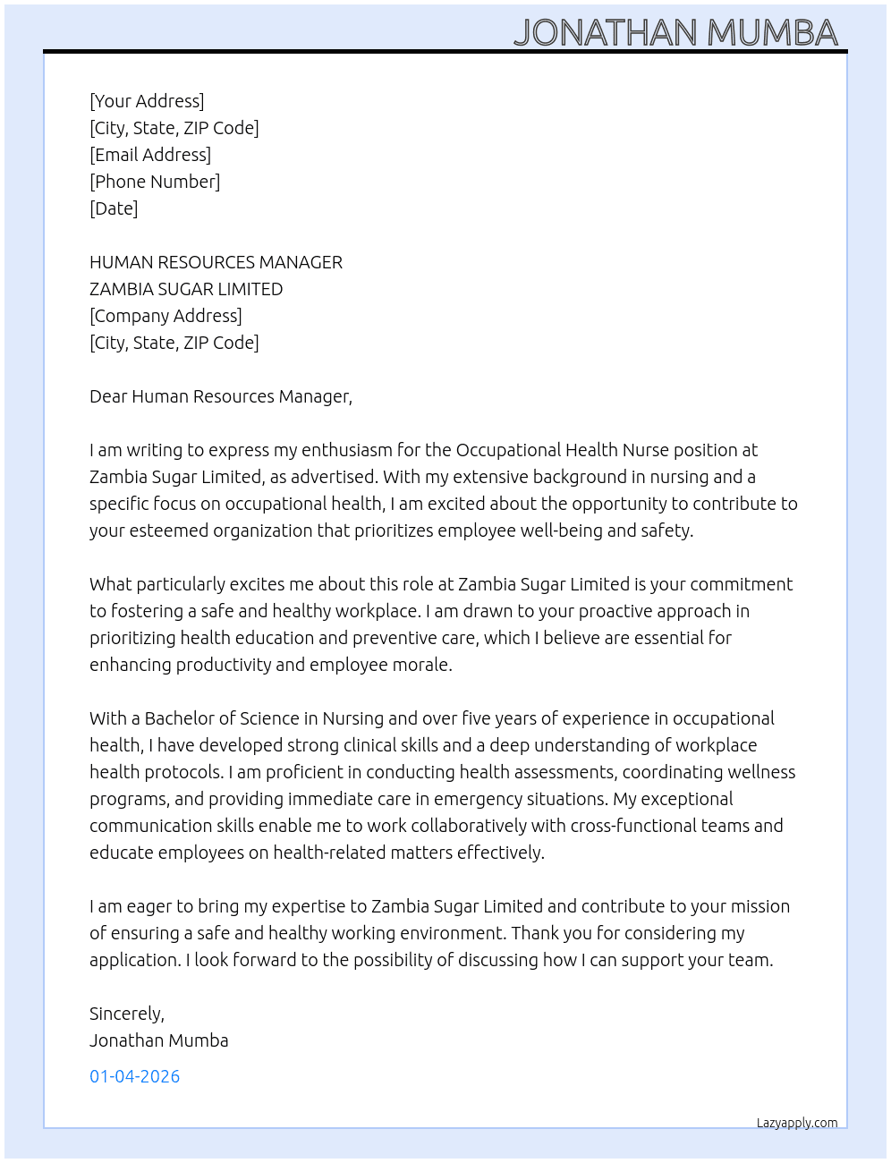 Occupational health nurse At ZAMBIA SUGAR LIMITED  Cover Letter