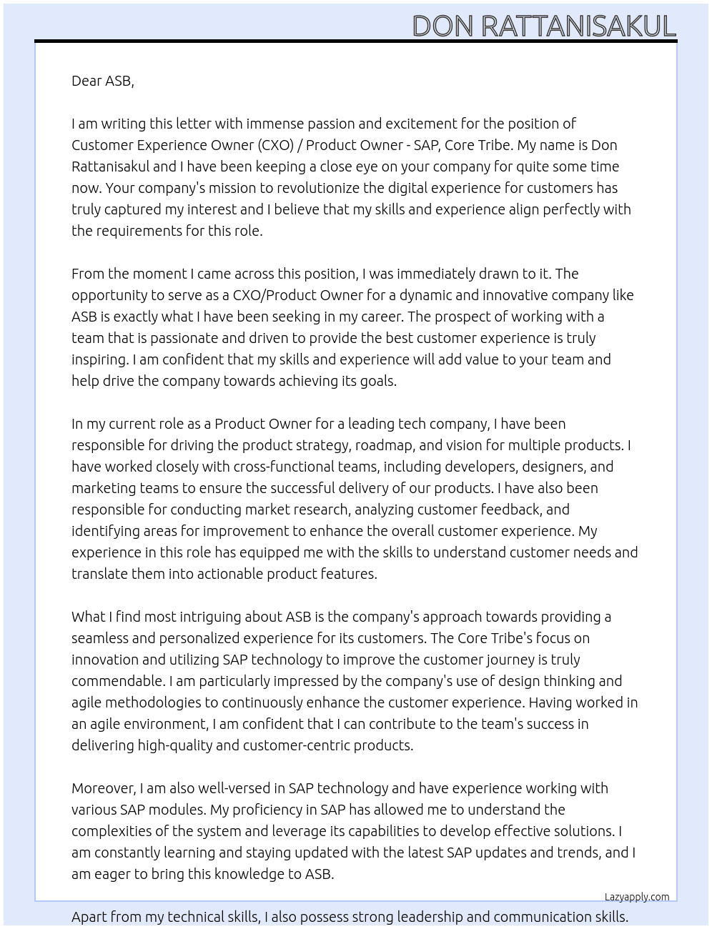 Customer Experience Owner (CXO) / Product Owner - SAP, Core Tribe At ASB Cover Letter
