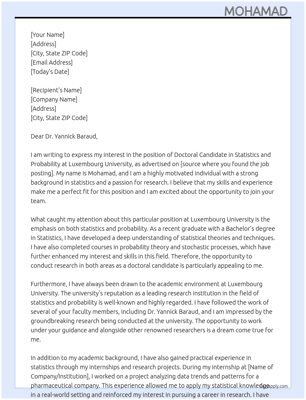 doctoral candidates in statistics and probability At Luxembourg university  Cover Letter
