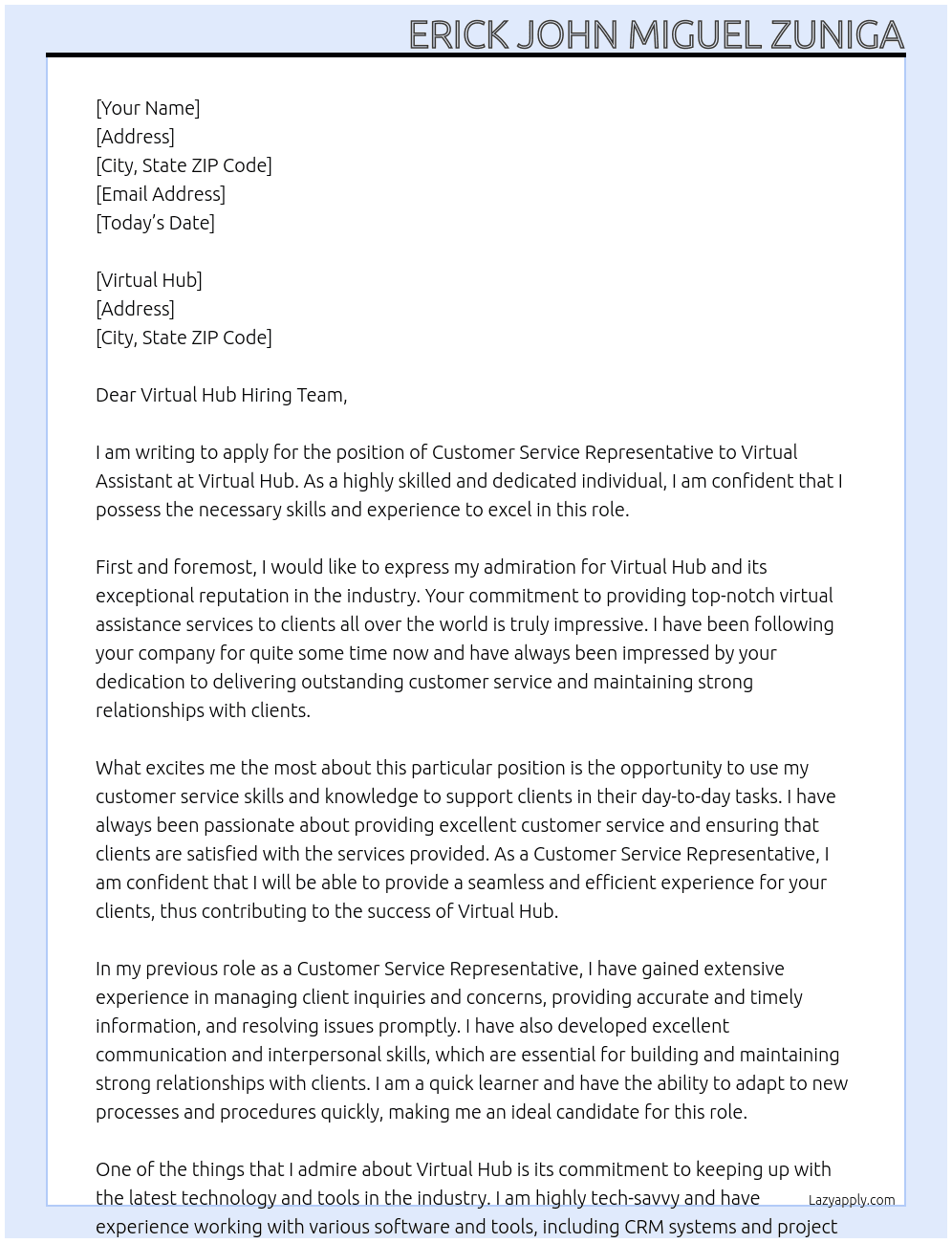 Customer Service representative to Virtual Assistant At Virtual Hub Cover Letter