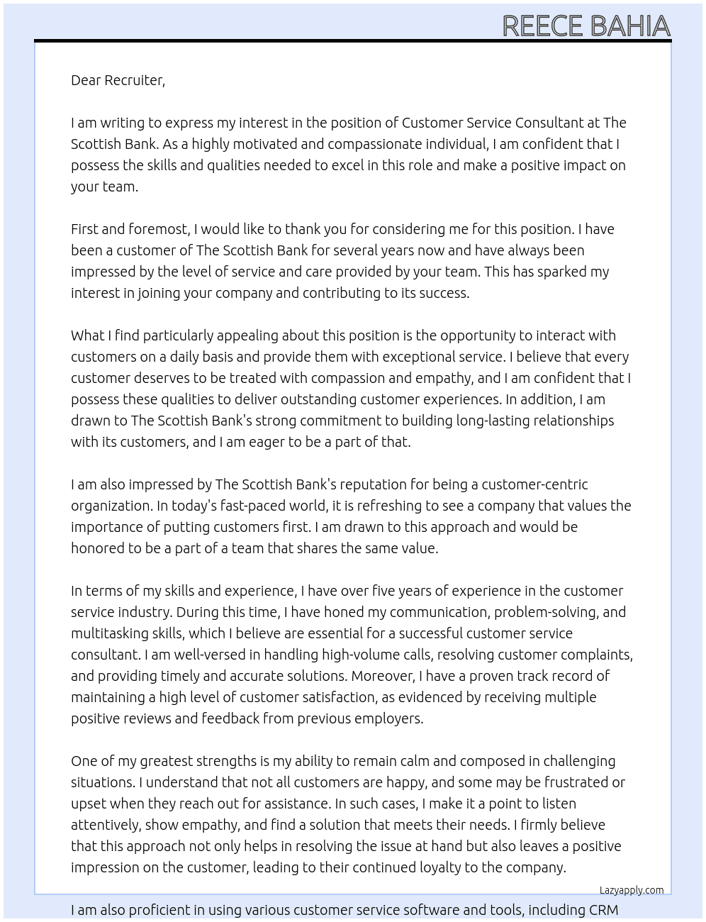 customer sevice consultant At The Scottish Bank Cover Letter