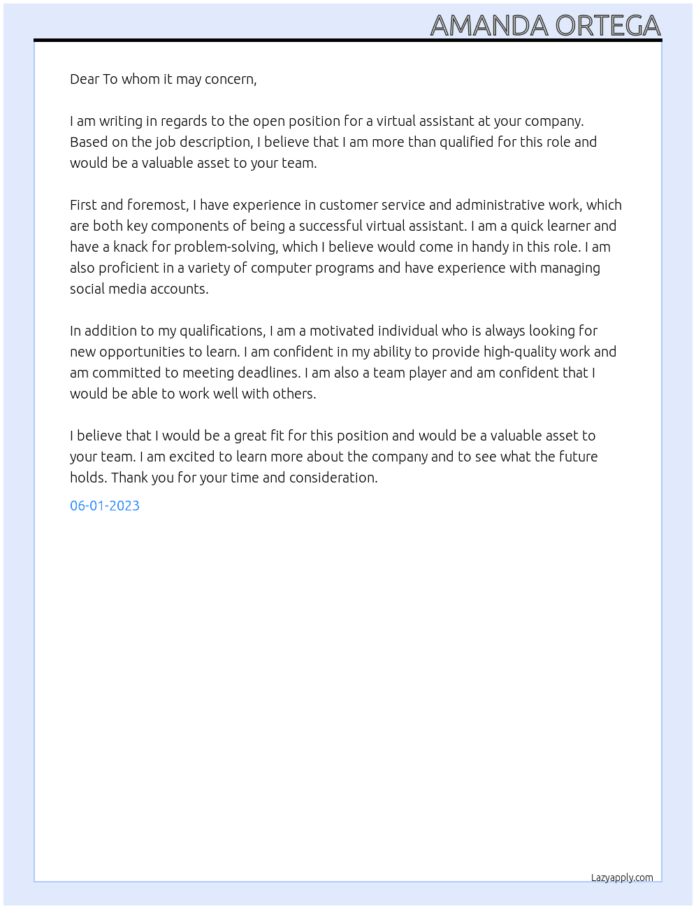 virtual assistant At artist Cover Letter