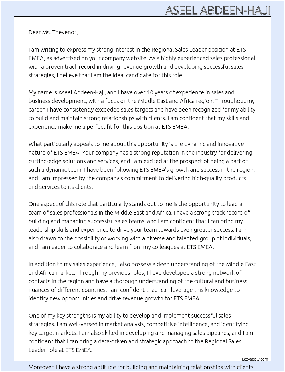 Regional Sales Leader, Middle East and Africa At ETS EMEA Cover Letter