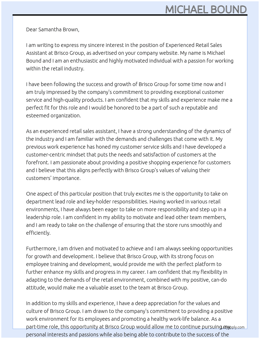 Experienced Retail Sales Assistant  At Brisco Group Cover Letter