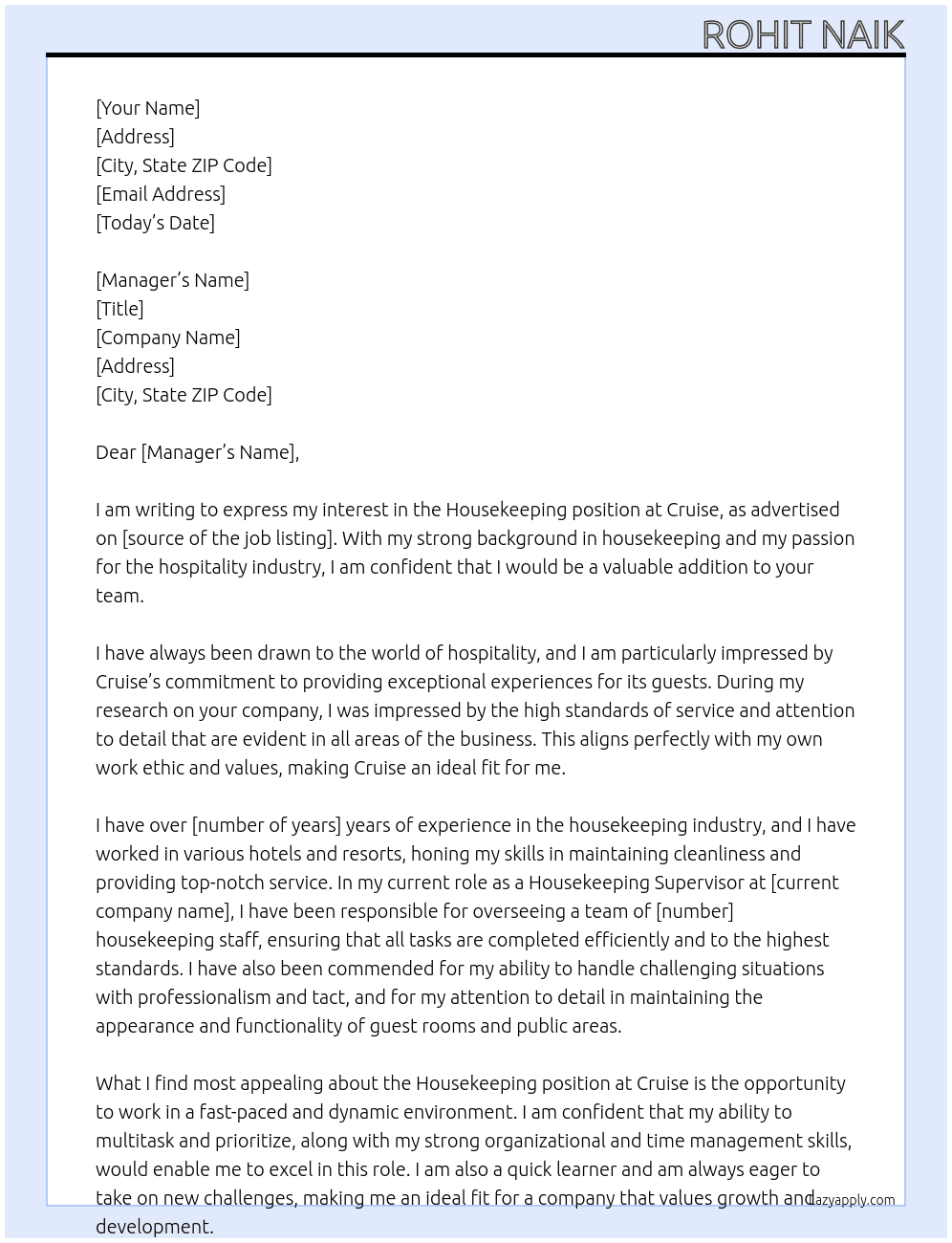 Housekeeping  At Cruise  Cover Letter