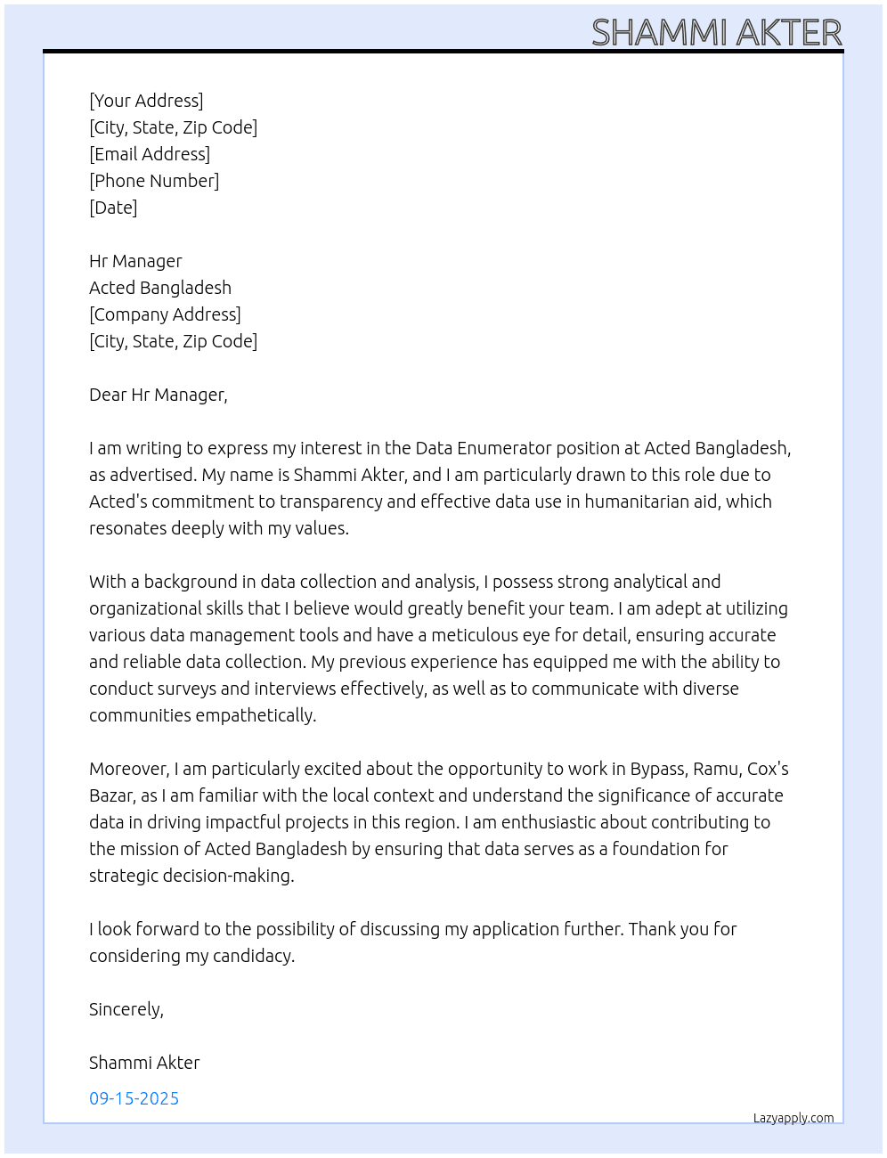 Cover letter for data enumerator - LazyApply