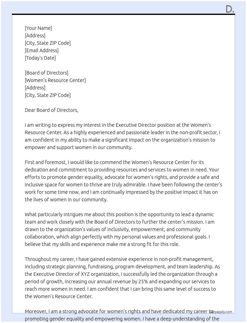Executive Director  At Women's Resource Center Cover Letter
