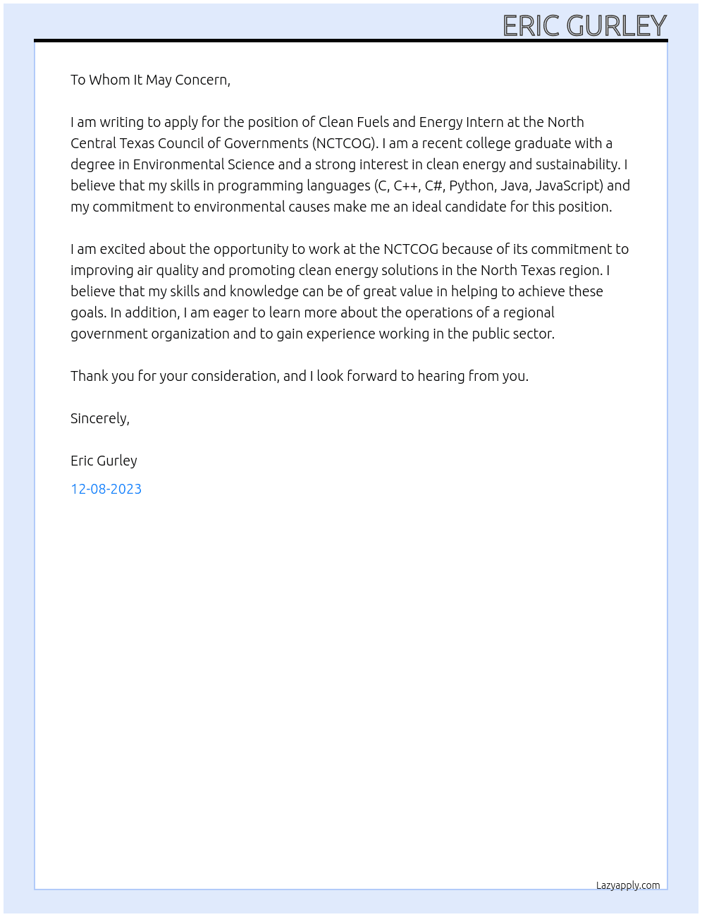 Clean fuels and energy intern At NCTCOG Cover Letter