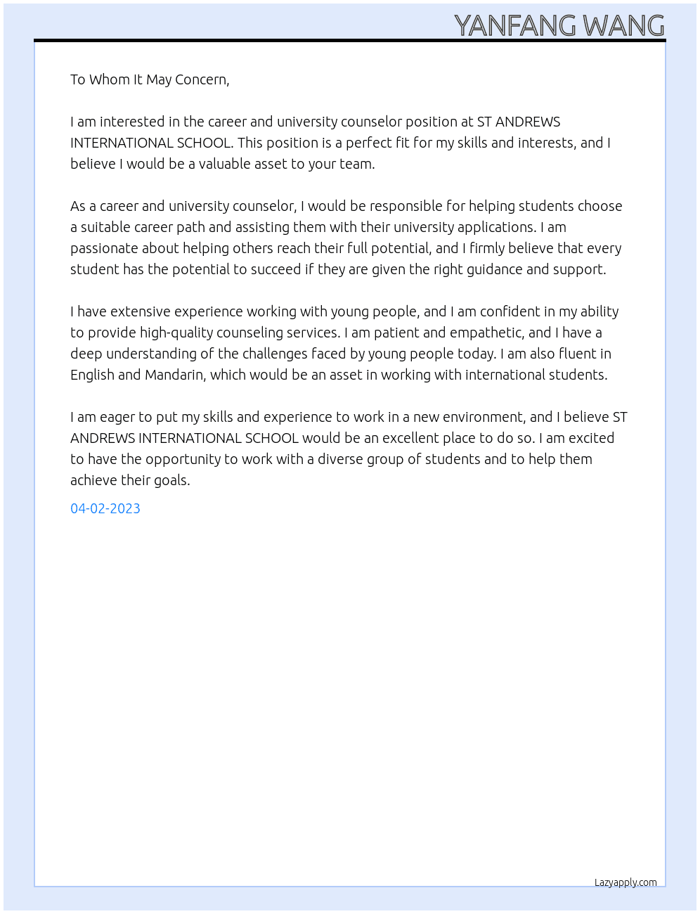 Career and university counselor At ST ANDREWS INTERNATIONAL SCHOOL Cover Letter