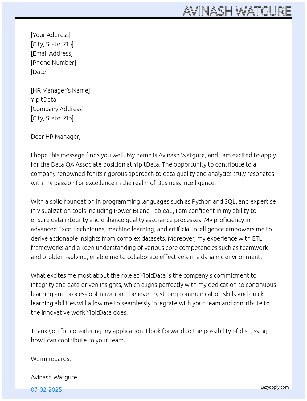 Cover letter for data qa associate - LazyApply