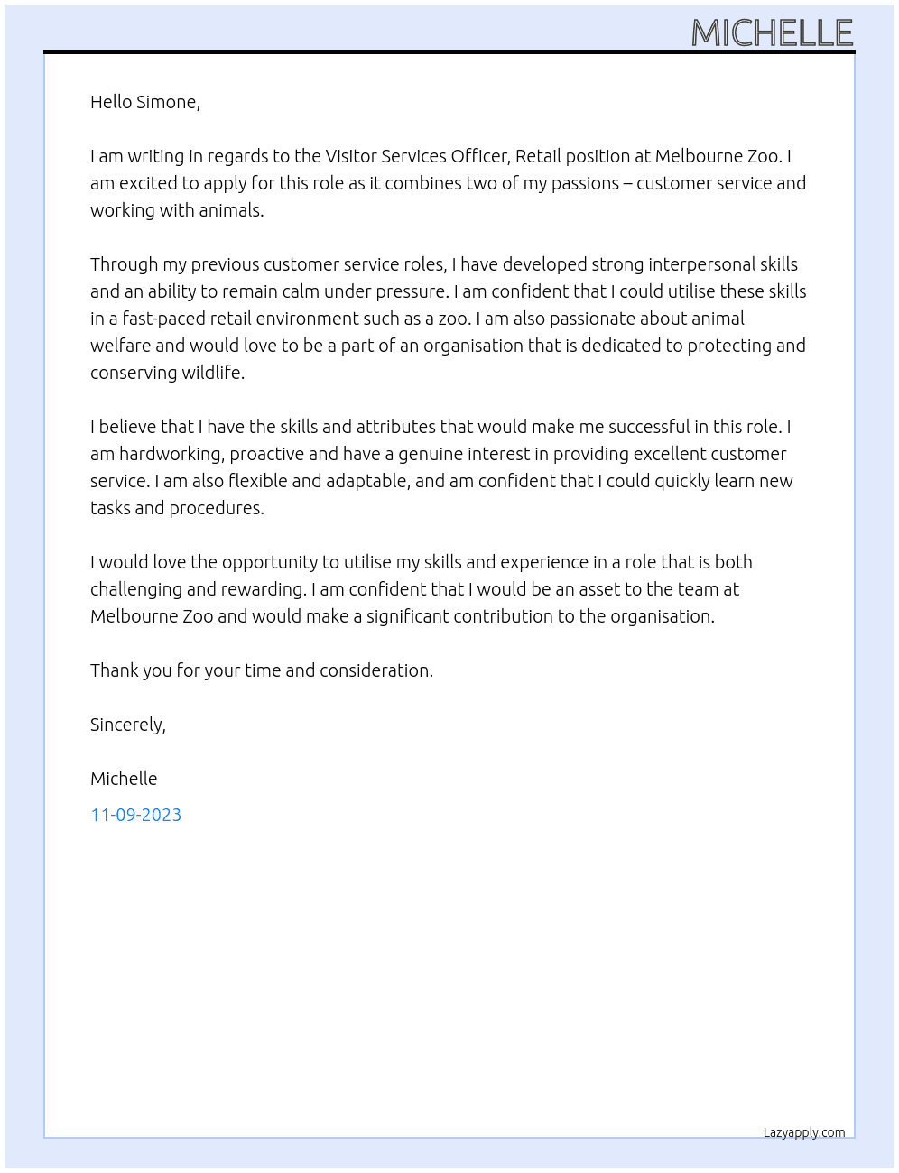 Visitor Services Officer, Retail  At Melbourne Zoo Cover Letter