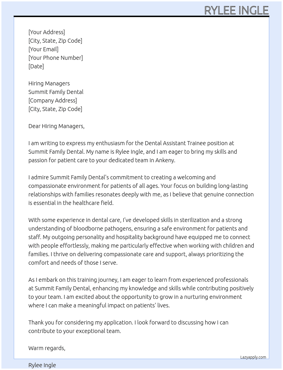Dental Assistant Trainee At Summit Family Dental Cover Letter